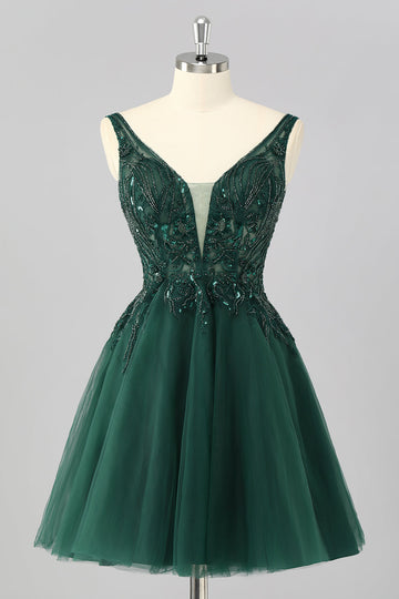 Sparkly Dark Green A Line V-Neck Short Homecoming Dress